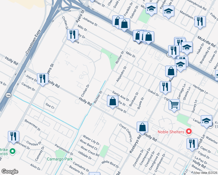 map of restaurants, bars, coffee shops, grocery stores, and more near 2913 Santa Ana Street in Corpus Christi