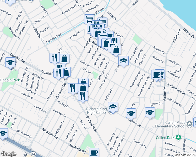map of restaurants, bars, coffee shops, grocery stores, and more near 733 Collingswood Drive in Corpus Christi