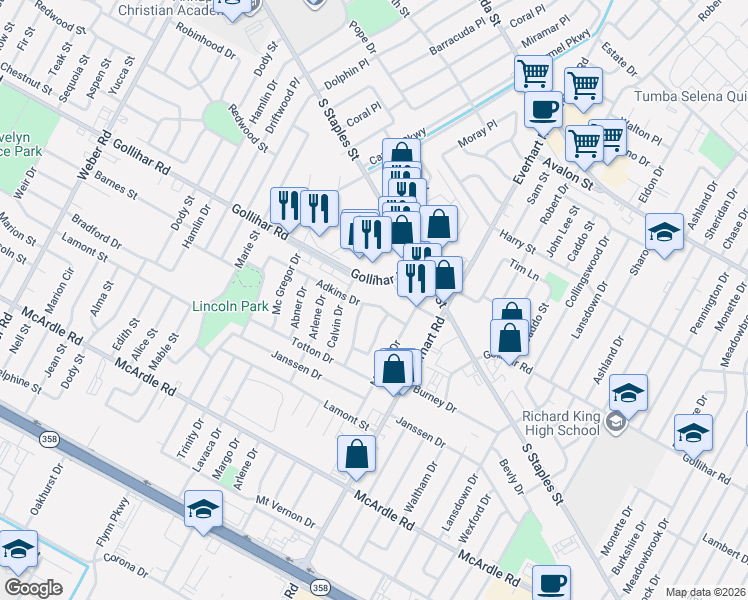 map of restaurants, bars, coffee shops, grocery stores, and more near 4606 Branscomb Drive in Corpus Christi