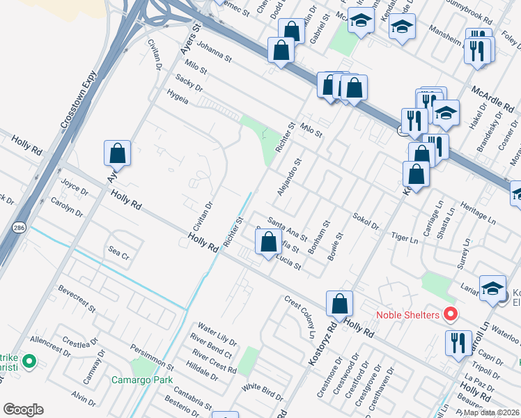 map of restaurants, bars, coffee shops, grocery stores, and more near 2913 Santa Ana Street in Corpus Christi