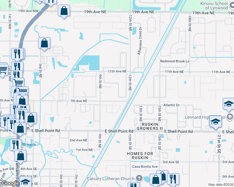 map of restaurants, bars, coffee shops, grocery stores, and more near 923 Brenton Leaf Drive in Ruskin