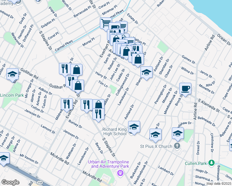 map of restaurants, bars, coffee shops, grocery stores, and more near 733 Collingswood Drive in Corpus Christi