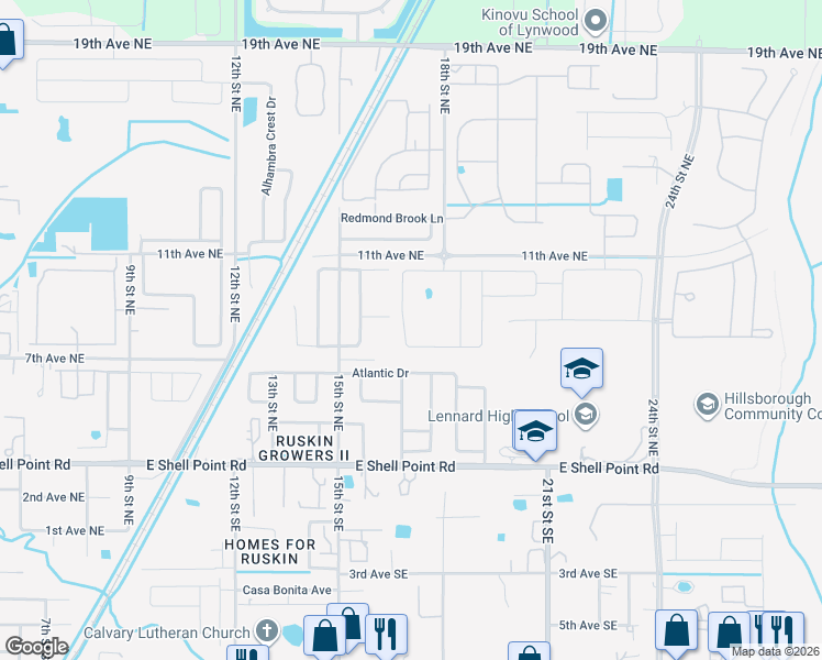 map of restaurants, bars, coffee shops, grocery stores, and more near 1739 Broad Winged Hawk Drive in Ruskin