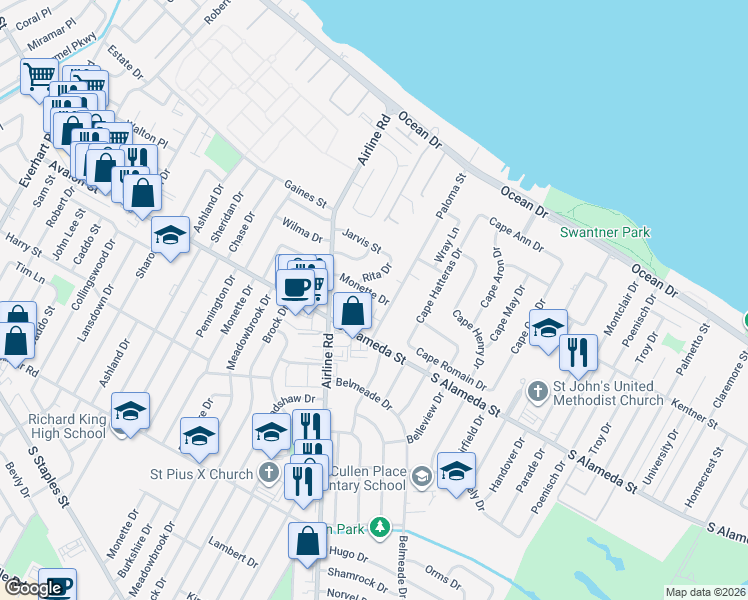 map of restaurants, bars, coffee shops, grocery stores, and more near 4848 South Alameda Street in Corpus Christi