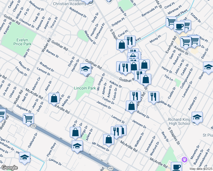 map of restaurants, bars, coffee shops, grocery stores, and more near 4629 Abner Drive in Corpus Christi
