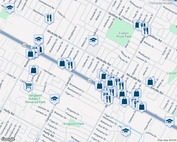 map of restaurants, bars, coffee shops, grocery stores, and more near 5030 Concord Street in Corpus Christi