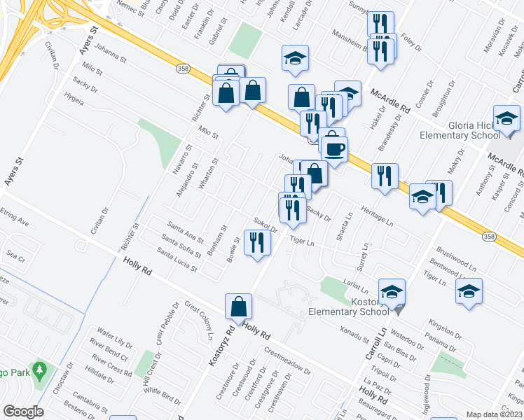 map of restaurants, bars, coffee shops, grocery stores, and more near 5330 Bowie Street in Corpus Christi