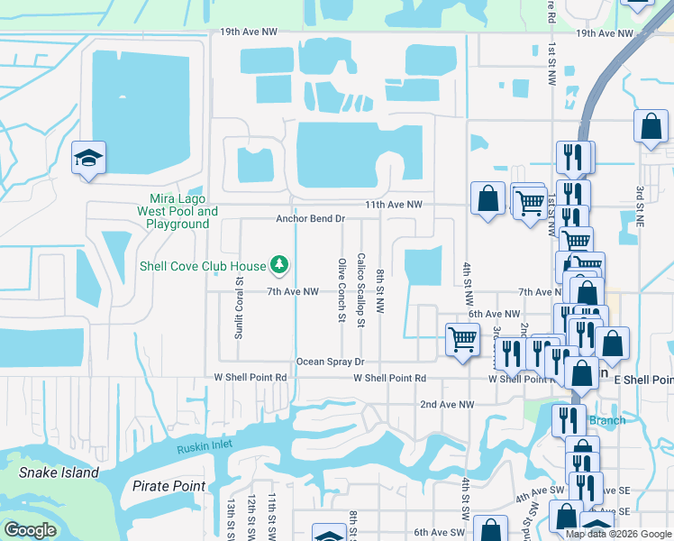 map of restaurants, bars, coffee shops, grocery stores, and more near 787 Olive Conch Street in Ruskin