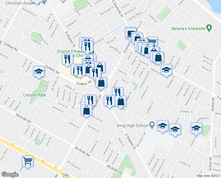 map of restaurants, bars, coffee shops, grocery stores, and more near 738 Sam Street in Corpus Christi