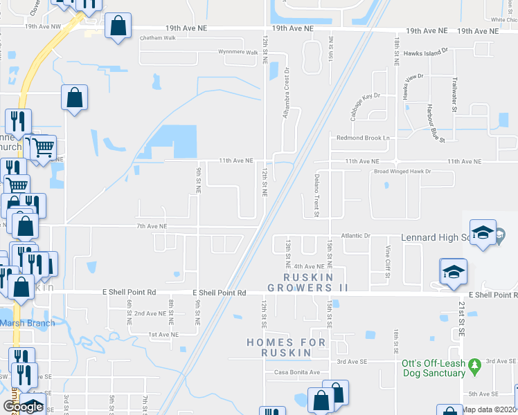 map of restaurants, bars, coffee shops, grocery stores, and more near 1013 Brenton Leaf Drive in Ruskin
