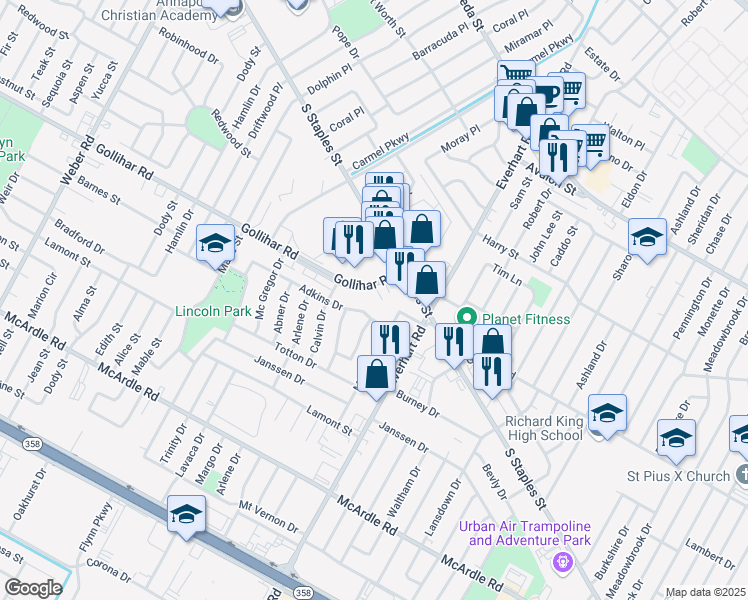 map of restaurants, bars, coffee shops, grocery stores, and more near 4701 Gollihar Road in Corpus Christi