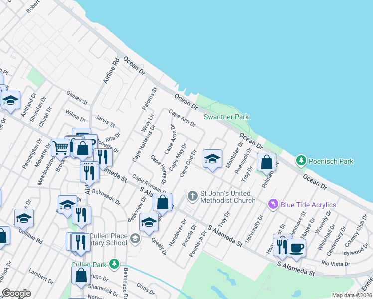 map of restaurants, bars, coffee shops, grocery stores, and more near 233 Cape May Drive in Corpus Christi