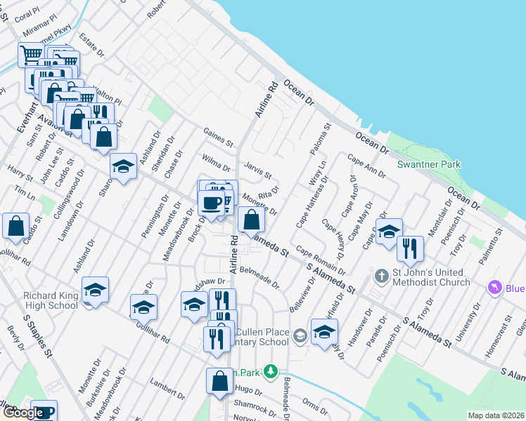 map of restaurants, bars, coffee shops, grocery stores, and more near 434 Rita Drive in Corpus Christi