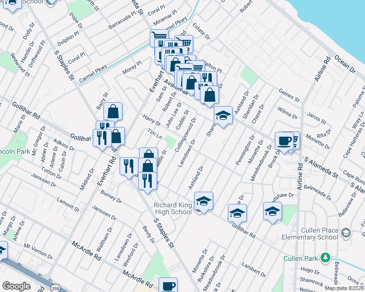 map of restaurants, bars, coffee shops, grocery stores, and more near 702 Collingswood Drive in Corpus Christi