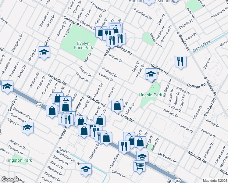 map of restaurants, bars, coffee shops, grocery stores, and more near 4706 Alma Street in Corpus Christi
