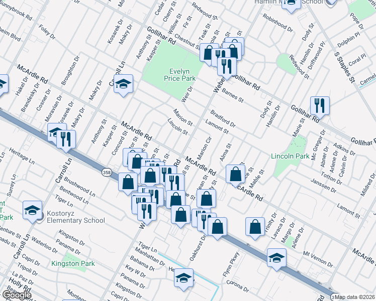map of restaurants, bars, coffee shops, grocery stores, and more near 4814 Urban Street in Corpus Christi