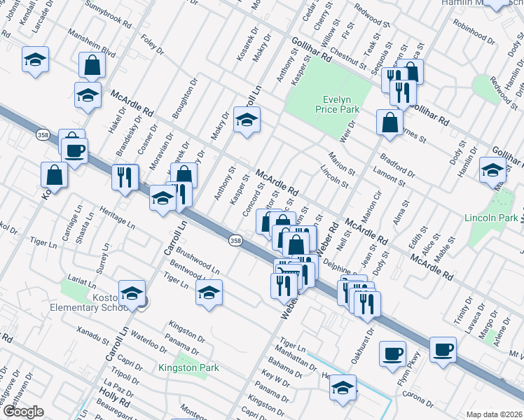 map of restaurants, bars, coffee shops, grocery stores, and more near 4921 Monitor Street in Corpus Christi