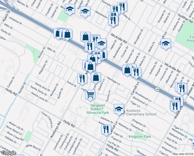 map of restaurants, bars, coffee shops, grocery stores, and more near 5202 Hitching Post Lane in Corpus Christi