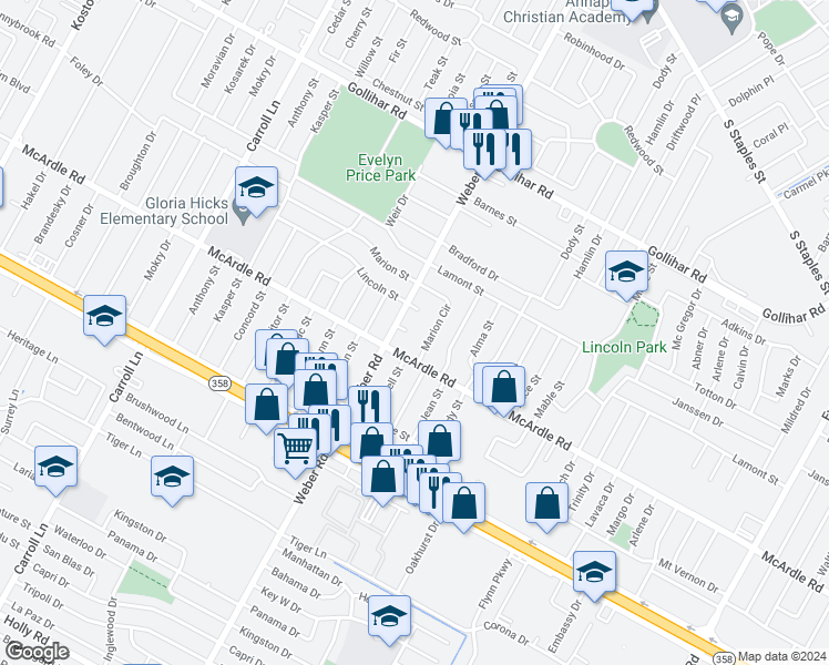 map of restaurants, bars, coffee shops, grocery stores, and more near 4014 Terrace Circle in Corpus Christi