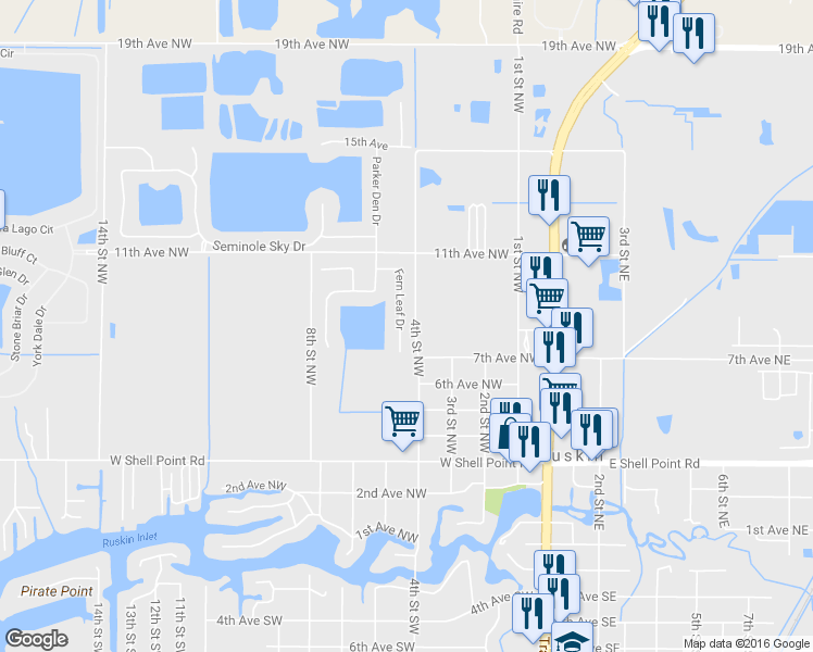 map of restaurants, bars, coffee shops, grocery stores, and more near 715 Fern Leaf Drive in Ruskin