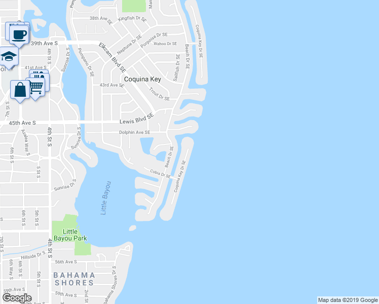 map of restaurants, bars, coffee shops, grocery stores, and more near 4730 Coquina Key Drive Southeast in St. Petersburg