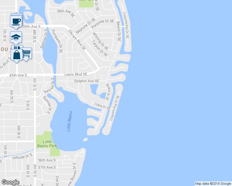 map of restaurants, bars, coffee shops, grocery stores, and more near 4740 Beach Drive Southeast in St. Petersburg