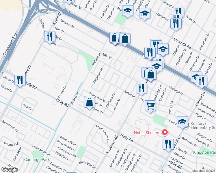 map of restaurants, bars, coffee shops, grocery stores, and more near 5402 Rogerio Street in Corpus Christi