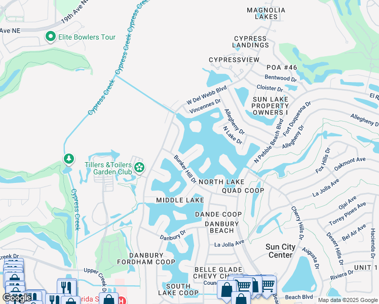 map of restaurants, bars, coffee shops, grocery stores, and more near 1414 Nashua Circle in Sun City Center