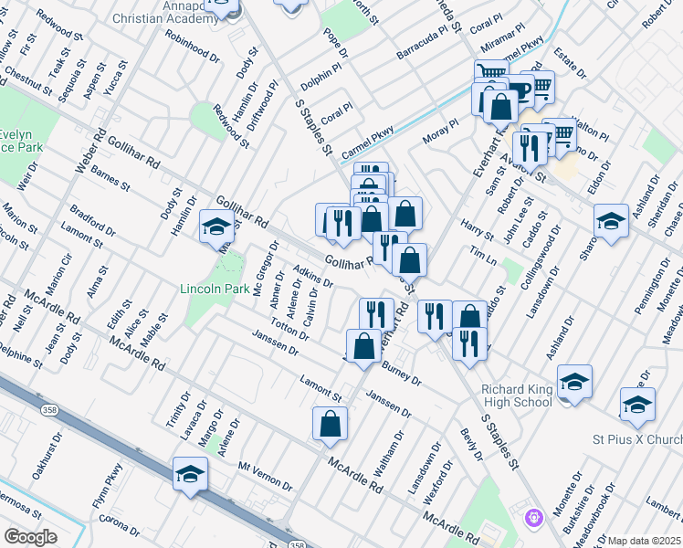 map of restaurants, bars, coffee shops, grocery stores, and more near 4613 Gollihar Road in Corpus Christi