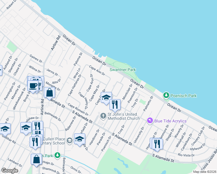 map of restaurants, bars, coffee shops, grocery stores, and more near 234 Bayshore Drive in Corpus Christi