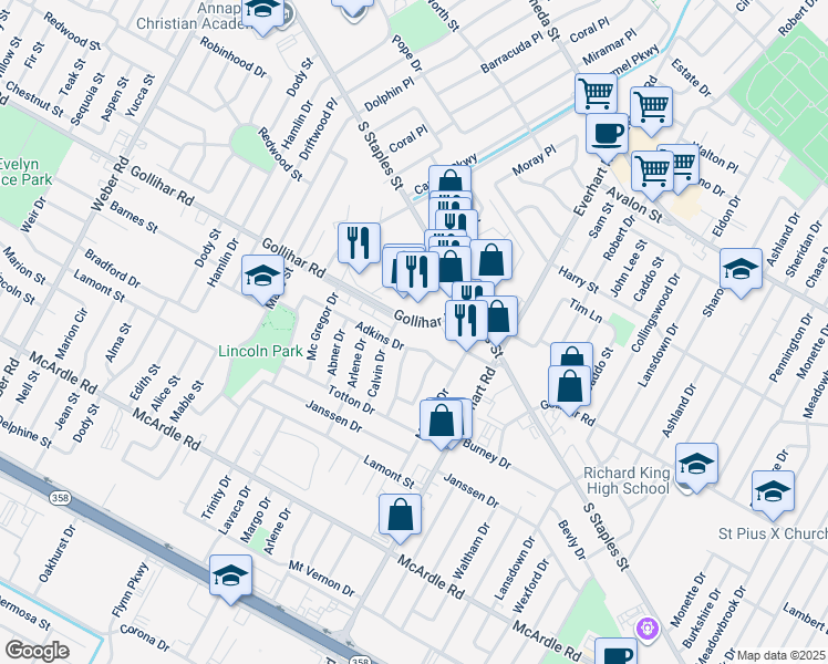 map of restaurants, bars, coffee shops, grocery stores, and more near 4117 South Staples Street in Corpus Christi