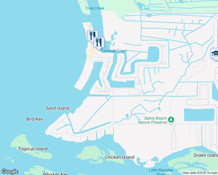 map of restaurants, bars, coffee shops, grocery stores, and more near 423 Bahia Beach Boulevard in Ruskin