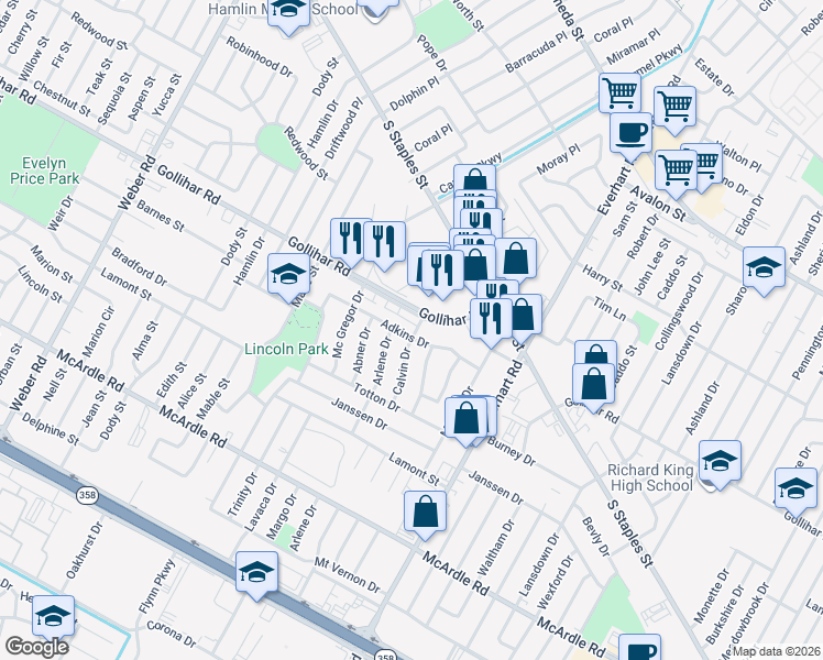 map of restaurants, bars, coffee shops, grocery stores, and more near 4542 Adkins Drive in Corpus Christi
