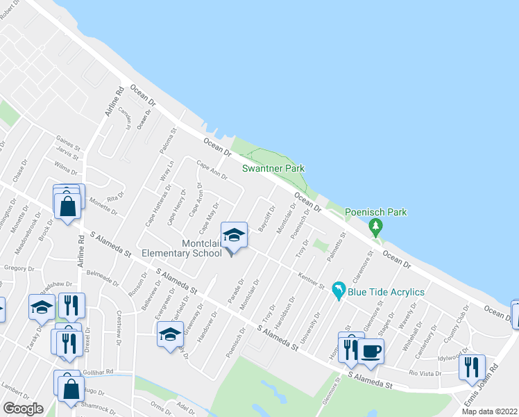 map of restaurants, bars, coffee shops, grocery stores, and more near 234 Bayshore Drive in Corpus Christi