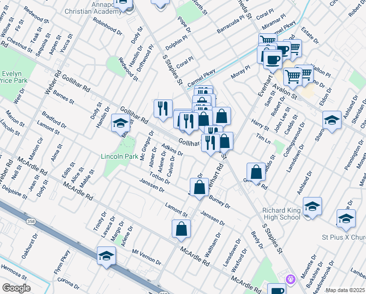 map of restaurants, bars, coffee shops, grocery stores, and more near 4117 South Staples Street in Corpus Christi