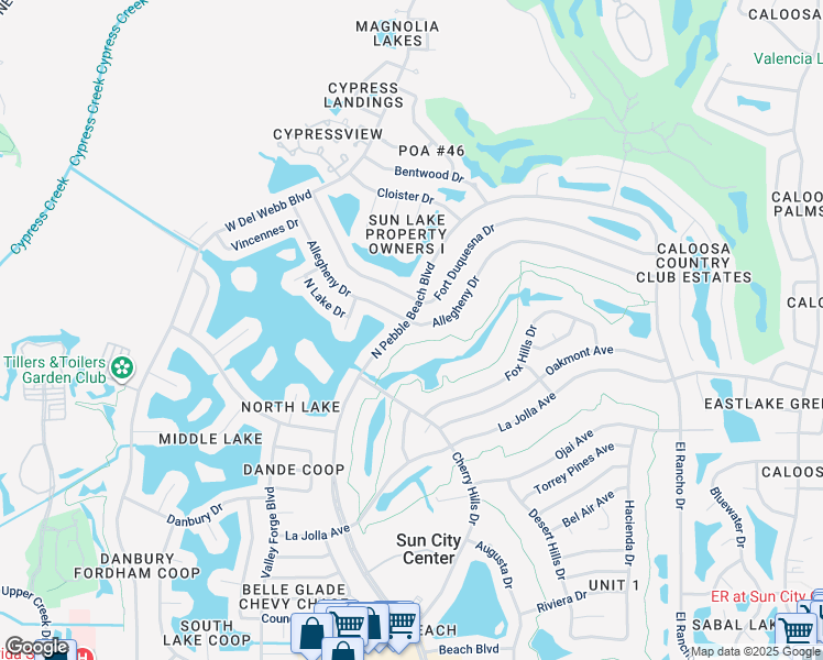 map of restaurants, bars, coffee shops, grocery stores, and more near 1717 North Pebble Beach Boulevard in Sun City Center