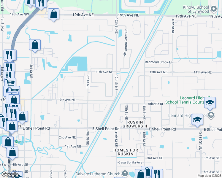 map of restaurants, bars, coffee shops, grocery stores, and more near 1027 Brenton Leaf Drive in Ruskin