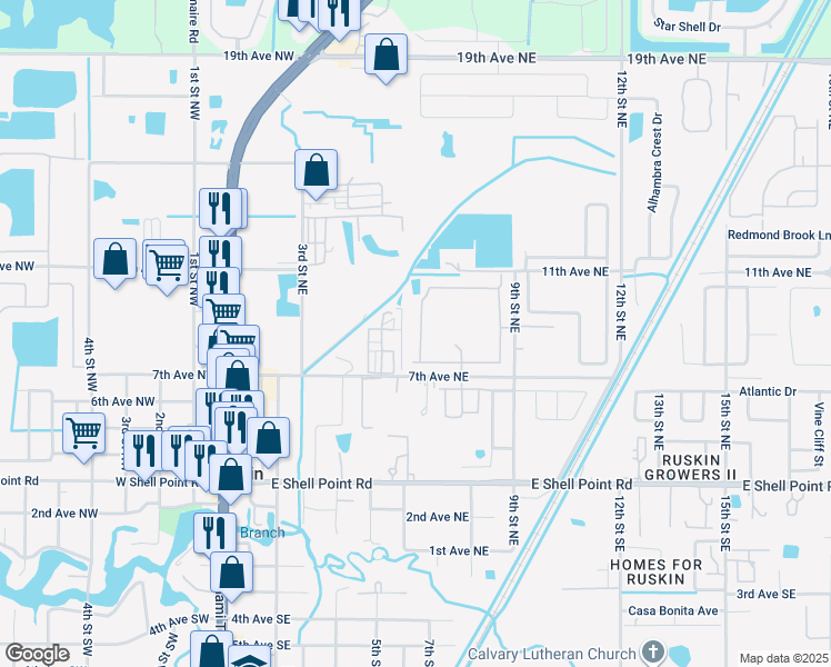 map of restaurants, bars, coffee shops, grocery stores, and more near 605 Royal Empress Drive in Ruskin