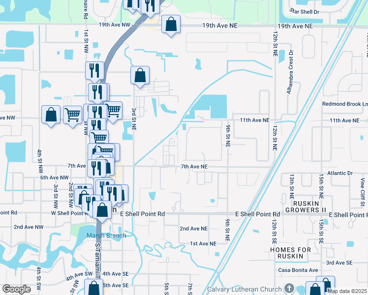 map of restaurants, bars, coffee shops, grocery stores, and more near 605 Royal Empress Drive in Ruskin