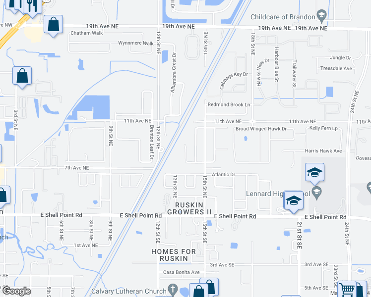 map of restaurants, bars, coffee shops, grocery stores, and more near 713 Cristelle Jean Drive in Ruskin