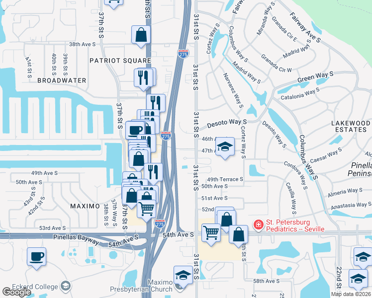 map of restaurants, bars, coffee shops, grocery stores, and more near 3118 47th Avenue South in St. Petersburg