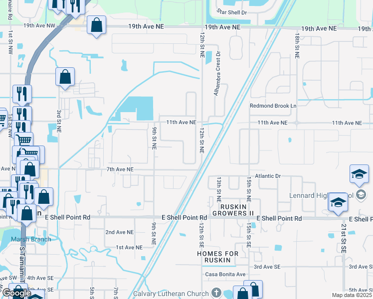 map of restaurants, bars, coffee shops, grocery stores, and more near 912 Brenton Leaf Drive in Ruskin