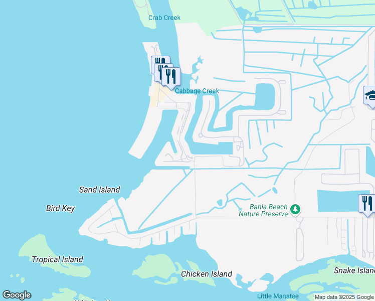 map of restaurants, bars, coffee shops, grocery stores, and more near 439 Bahia Beach Boulevard in Ruskin