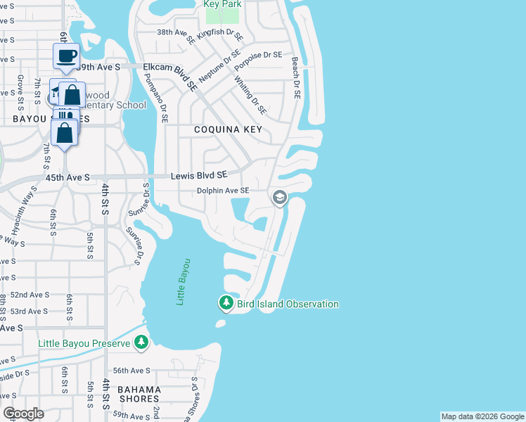 map of restaurants, bars, coffee shops, grocery stores, and more near 4754 Snook Drive Southeast in St. Petersburg