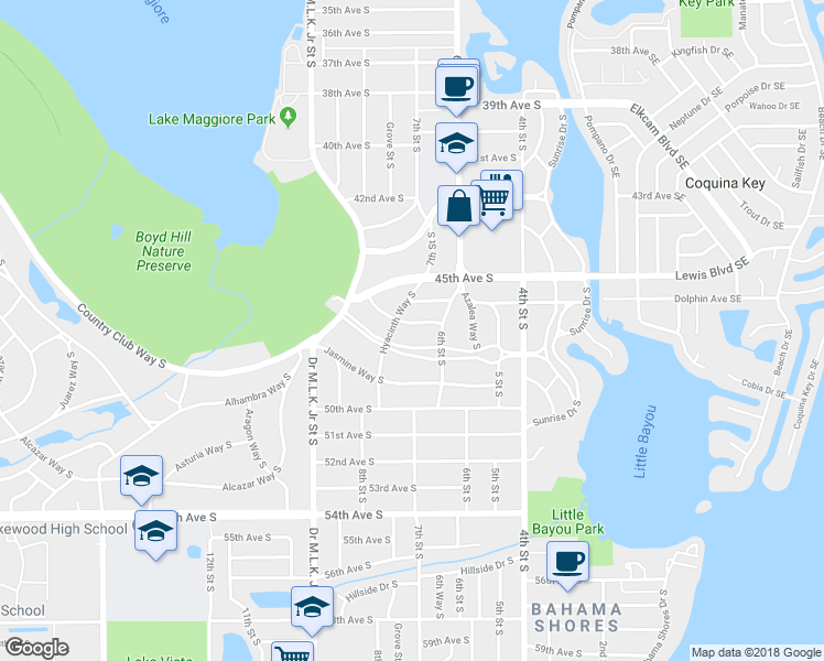 map of restaurants, bars, coffee shops, grocery stores, and more near 648 Myrtle Way South in Saint Petersburg