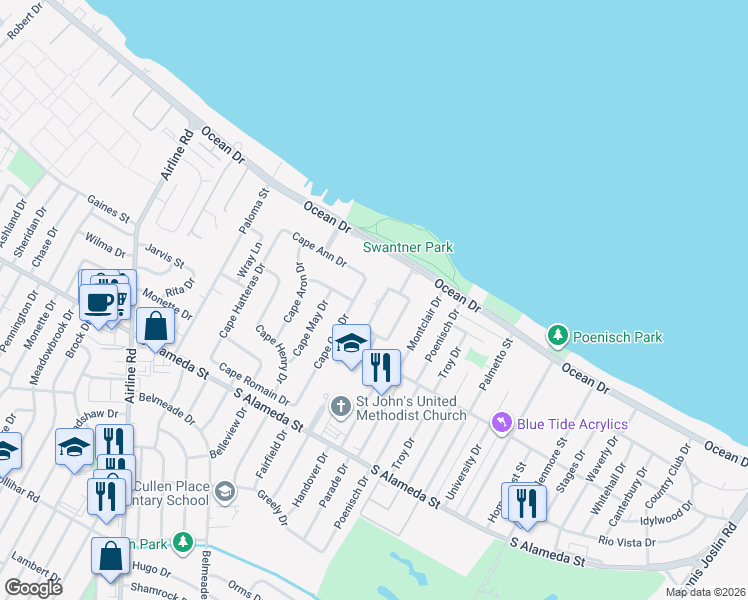 map of restaurants, bars, coffee shops, grocery stores, and more near 234 Bayshore Drive in Corpus Christi