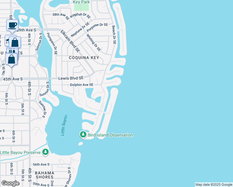 map of restaurants, bars, coffee shops, grocery stores, and more near 4730 Coquina Key Drive Southeast in St. Petersburg