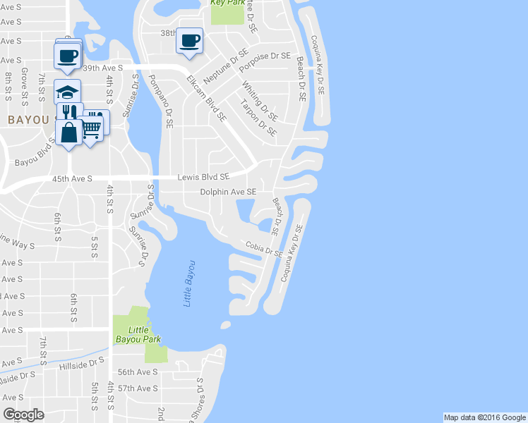map of restaurants, bars, coffee shops, grocery stores, and more near 4816 Snook Drive Southeast in St. Petersburg