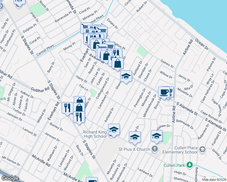 map of restaurants, bars, coffee shops, grocery stores, and more near 637 Lansdown Drive in Corpus Christi