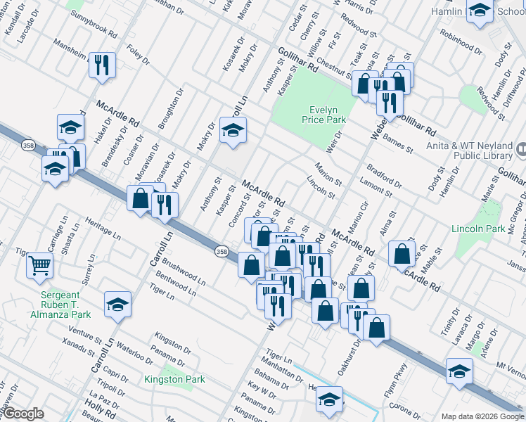 map of restaurants, bars, coffee shops, grocery stores, and more near 4921 Monitor Street in Corpus Christi